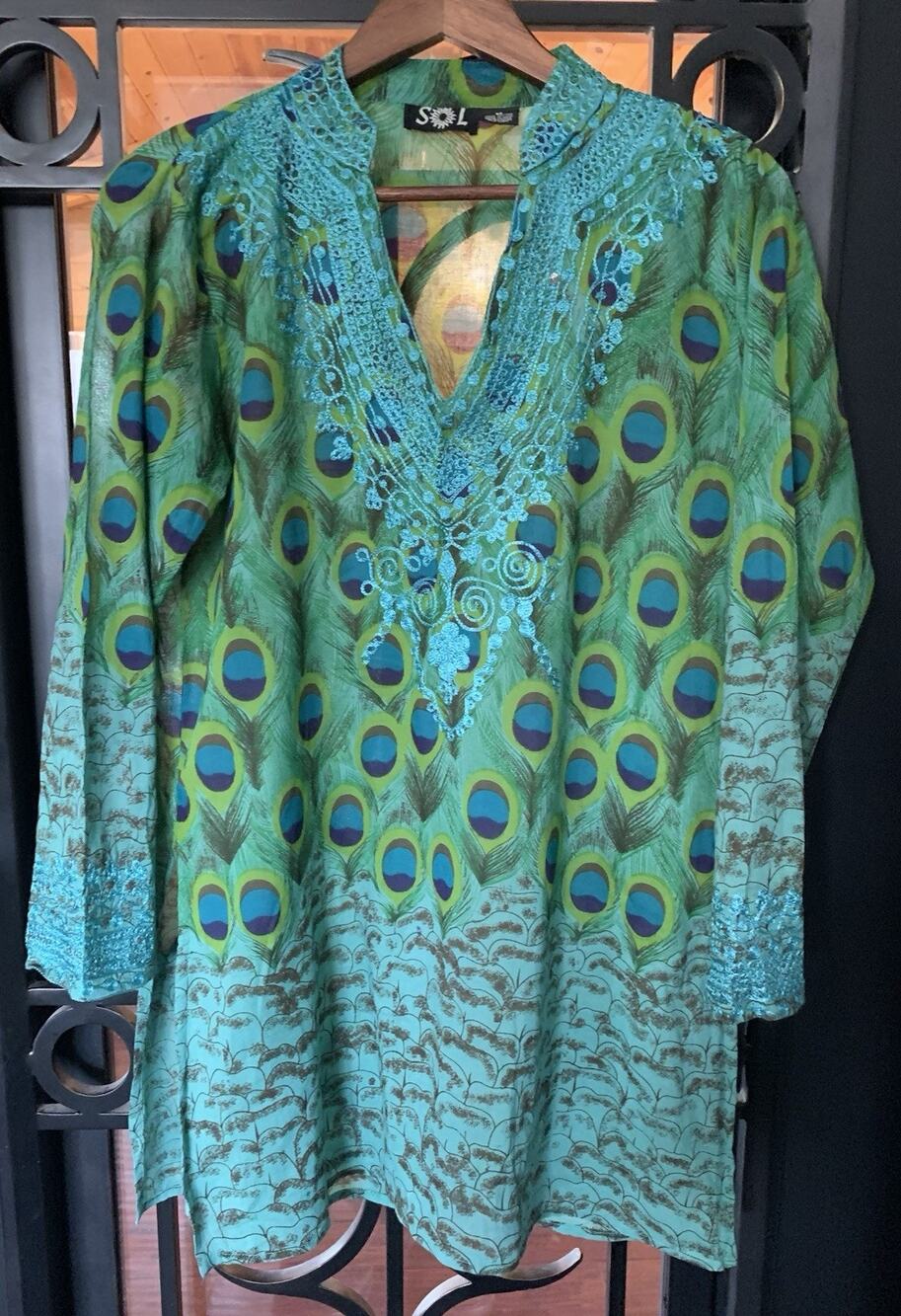 SOL Womens Peacock Feather Print Embroidered Size M Peasant Tunic Top